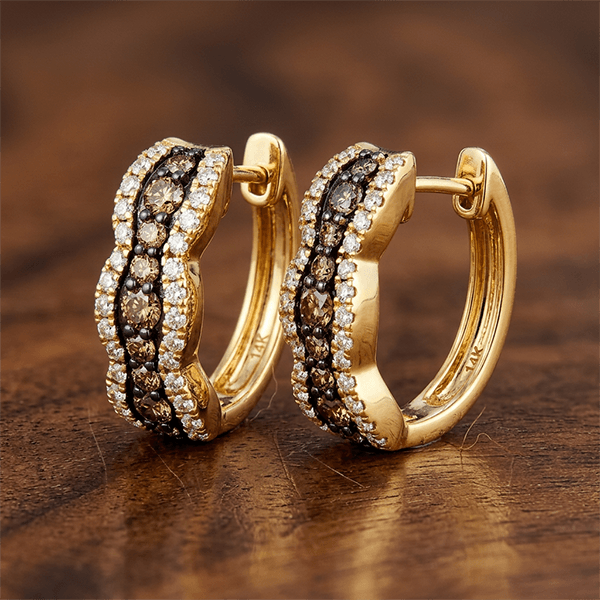 Multi-Row Pavé Brown Sapphire Round Cut Huggie Earrings For Women