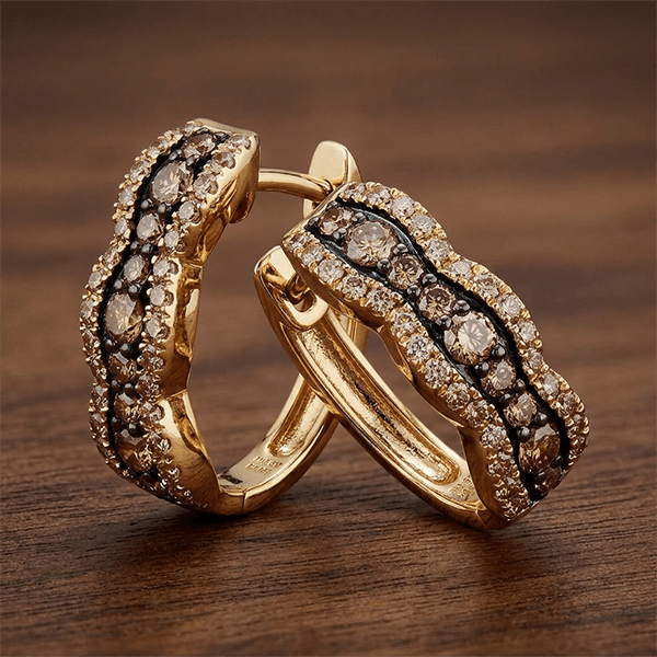 Multi-Row Pavé Brown Sapphire Round Cut Huggie Earrings For Women