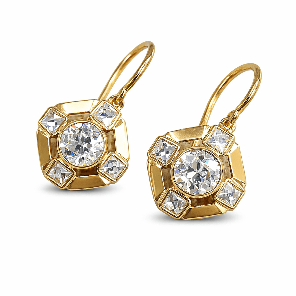 Art Deco Cluster Round & Princess Cut Yellow Gold Drop Earrings For Women