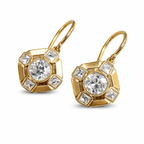 Art Deco Cluster Round & Princess Cut Yellow Gold Drop Earrings For Women