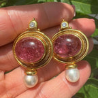Art Deco Oval Cabochon Cut Pink Sapphire & Pearl Drop Earrings For Women Belovegrace