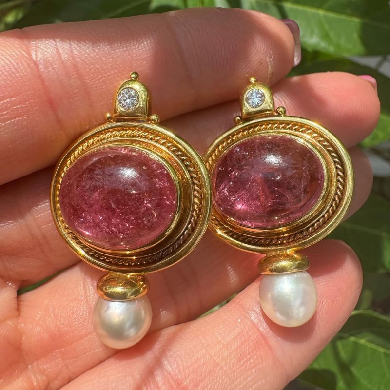 Art Deco Oval Cabochon Cut Pink Sapphire & Pearl Drop Earrings For Women Belovegrace