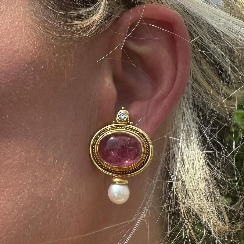 Art Deco Oval Cabochon Cut Pink Sapphire & Pearl Drop Earrings For Women Belovegrace