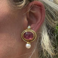Art Deco Oval Cabochon Cut Pink Sapphire & Pearl Drop Earrings For Women Belovegrace
