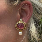 Art Deco Oval Cabochon Cut Pink Sapphire & Pearl Drop Earrings For Women Belovegrace