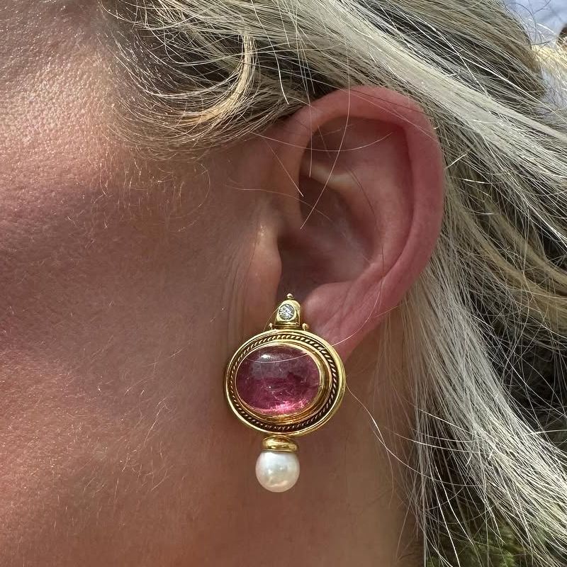 Art Deco Oval Cabochon Cut Pink Sapphire & Pearl Drop Earrings For Women Belovegrace