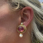 Art Deco Oval Cabochon Cut Pink Sapphire & Pearl Drop Earrings For Women Belovegrace