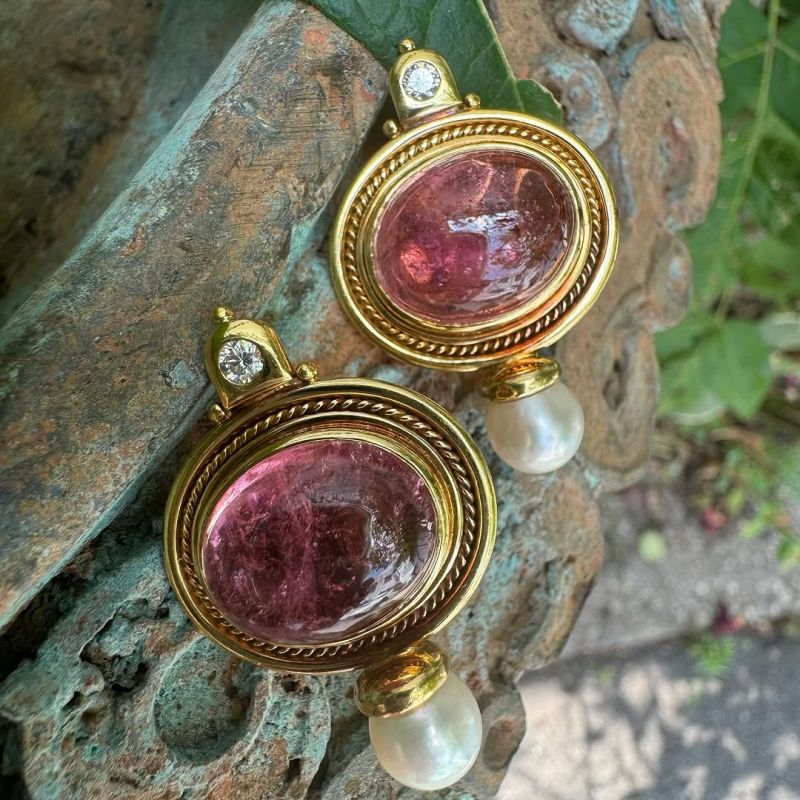 Art Deco Oval Cabochon Cut Pink Sapphire & Pearl Drop Earrings For Women Belovegrace