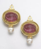 Art Deco Oval Cabochon Cut Pink Sapphire & Pearl Drop Earrings For Women Belovegrace