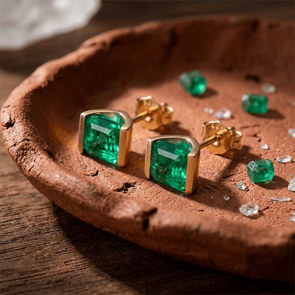 Bezel Setting Asscher Cut Emerald Sapphire Stud Earrings For Women In Gold