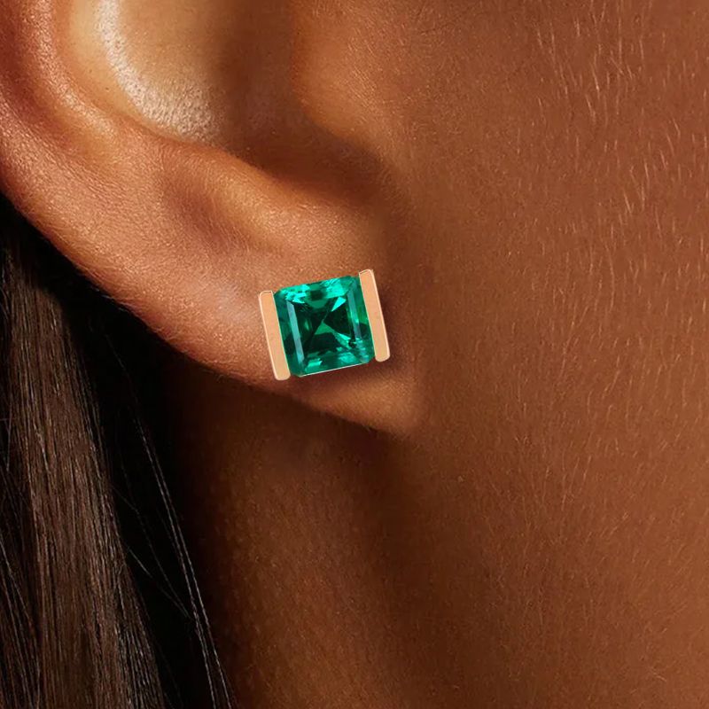 Golden Asscher Cut Emerald Sapphire Stud Earrings For Women Belovegrace