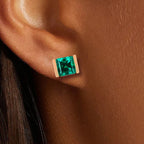 Golden Asscher Cut Emerald Sapphire Stud Earrings For Women Belovegrace
