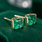 Bezel Setting Asscher Cut Emerald Sapphire Stud Earrings For Women In Gold