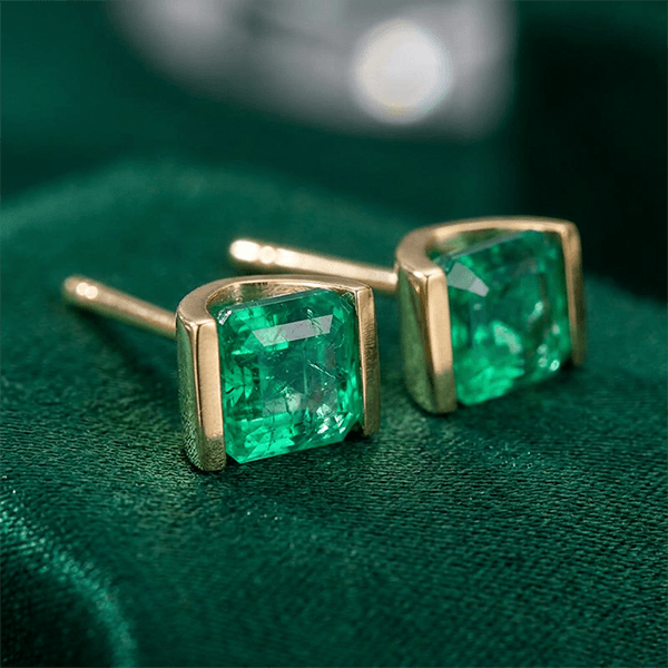 Bezel Setting Asscher Cut Emerald Sapphire Stud Earrings For Women In Gold