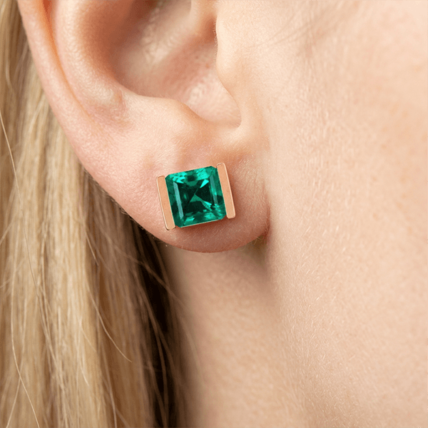 Bezel Setting Asscher Cut Emerald Sapphire Stud Earrings For Women In Gold
