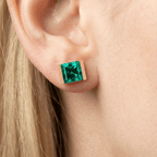 Bezel Setting Asscher Cut Emerald Sapphire Stud Earrings For Women In Gold