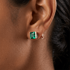 Bezel Setting Asscher Cut Emerald Sapphire Stud Earrings For Women In Gold