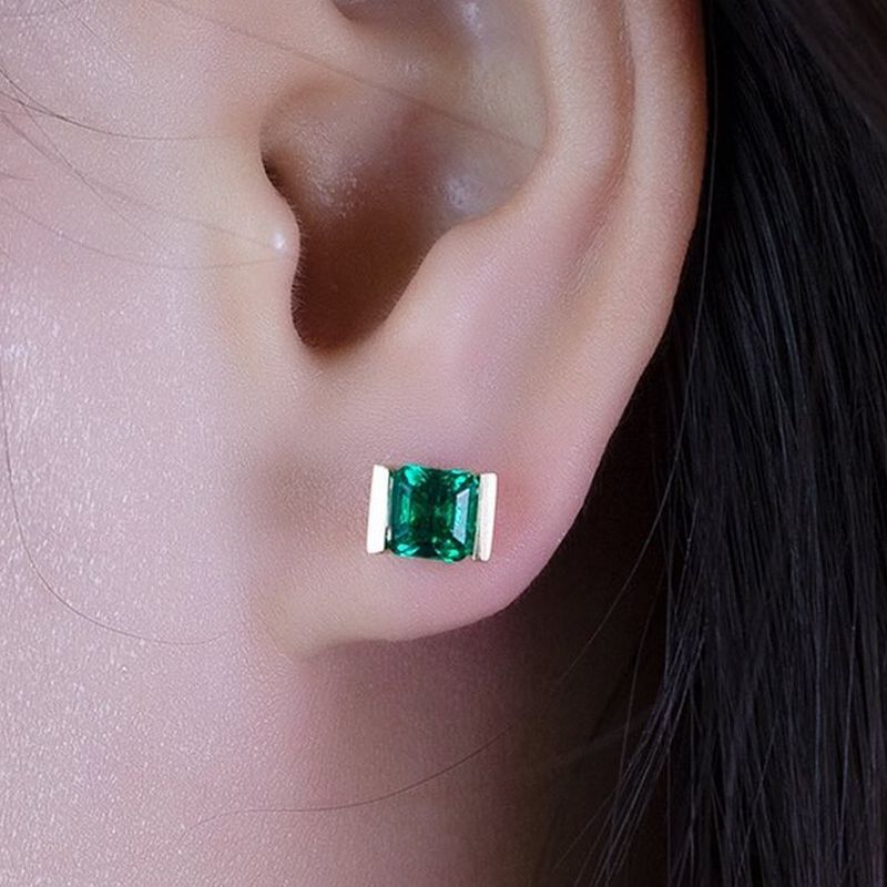 Golden Asscher Cut Emerald Sapphire Stud Earrings For Women Belovegrace