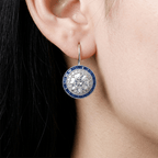 Vintage Halo Round Cut White & Blue Sapphire Drop Earrings For Women