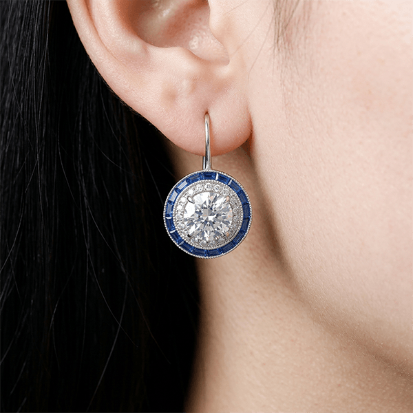 Vintage Halo Round Cut White & Blue Sapphire Drop Earrings For Women