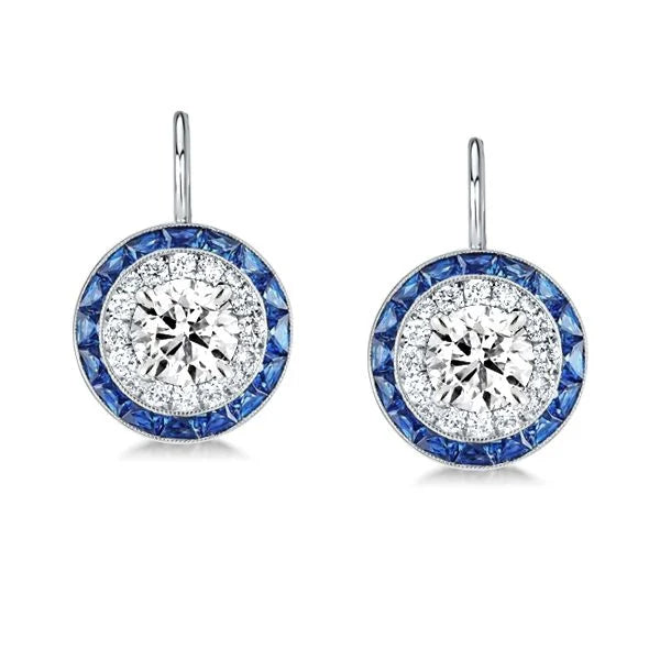 Vintage Halo Round Cut White & Blue Sapphire Drop Earrings For Women Belovegrace