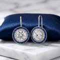 Vintage Halo Round Cut White & Blue Sapphire Drop Earrings For Women