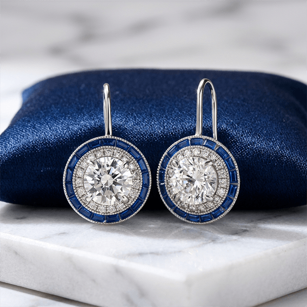 Vintage Halo Round Cut White & Blue Sapphire Drop Earrings For Women
