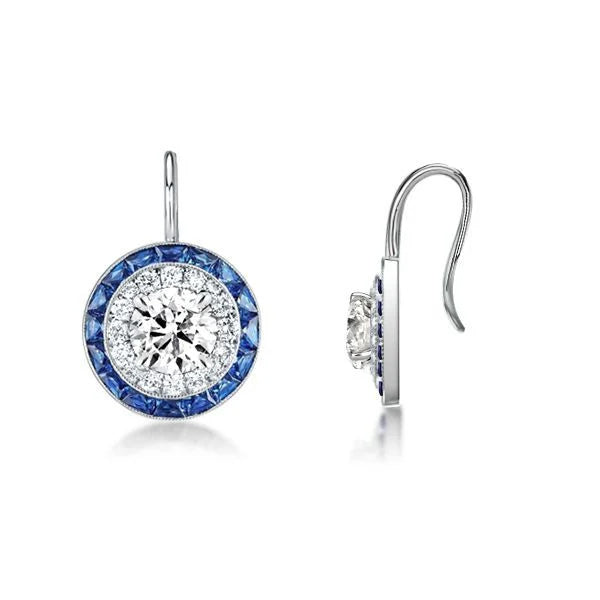 Vintage Halo Round Cut White & Blue Sapphire Drop Earrings For Women Belovegrace