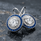 Vintage Halo Round Cut White & Blue Sapphire Drop Earrings For Women