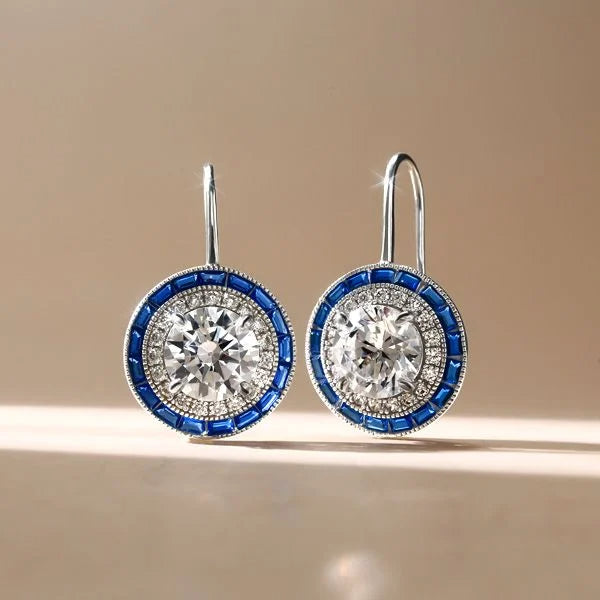 Vintage Halo Round Cut White & Blue Sapphire Drop Earrings For Women Belovegrace