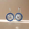 Vintage Halo Round Cut White & Blue Sapphire Drop Earrings For Women Belovegrace