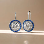 Vintage Halo Round Cut White & Blue Sapphire Drop Earrings For Women Belovegrace
