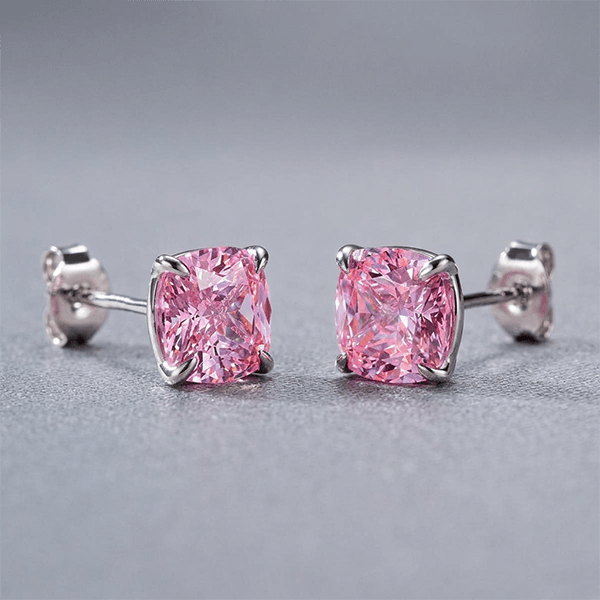 Four Prong Setting Cushion Cut Pink Sapphire Solitaire Stud Earrings For Women
