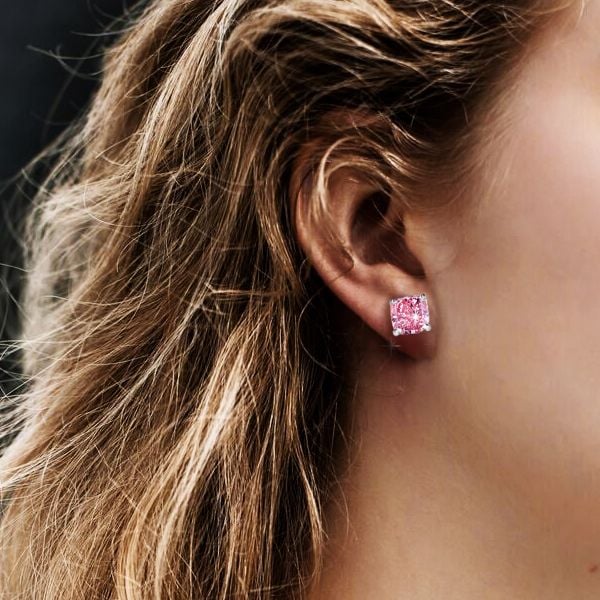 Solitaire Cushion Cut Pink Sapphire Stud Earrings For Women Belovegrace