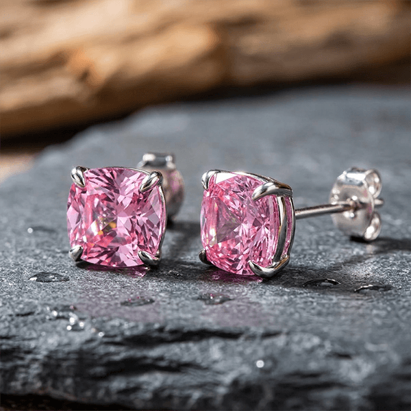 Four Prong Setting Cushion Cut Pink Sapphire Solitaire Stud Earrings For Women