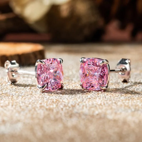 Solitaire Cushion Cut Pink Sapphire Stud Earrings For Women Belovegrace