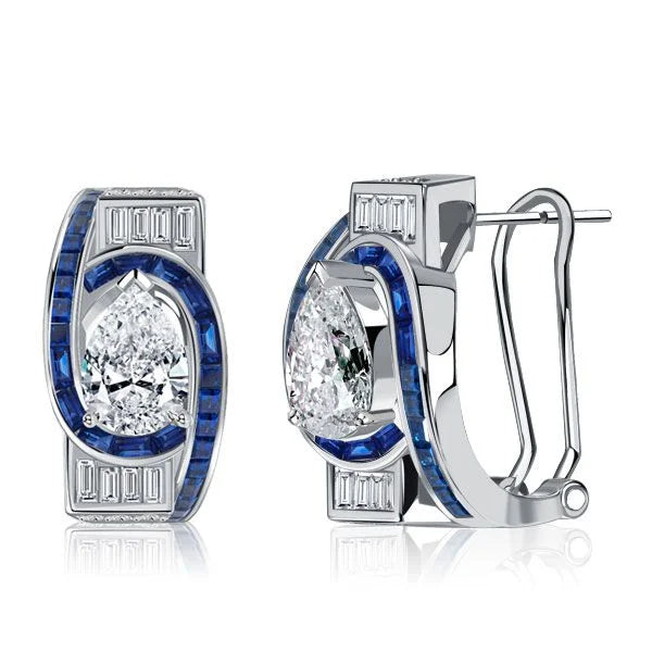 Art Deco Halo Pear Cut White & Blue Sapphire Hoop Earrings For Women Belovegrace