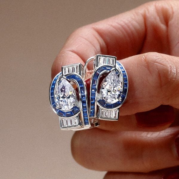 Art Deco Halo Pear Cut White & Blue Sapphire Hoop Earrings For Women Belovegrace