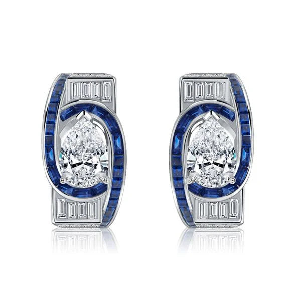 Art Deco Halo Pear Cut White & Blue Sapphire Hoop Earrings For Women Belovegrace