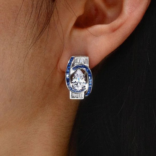 Art Deco Halo Pear Cut White & Blue Sapphire Hoop Earrings For Women Belovegrace