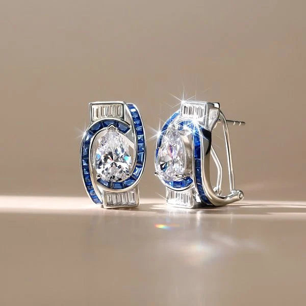 Art Deco Halo Pear Cut White & Blue Sapphire Hoop Earrings For Women Belovegrace