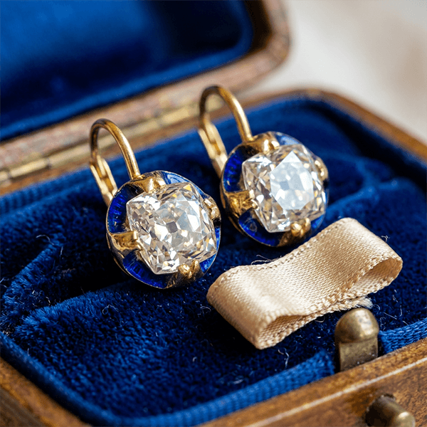 Art Deco White Sapphire Cushion Cut Yellow Gold Drop Earrings For Women