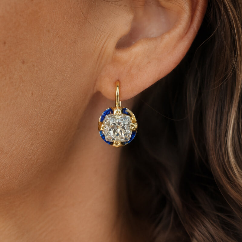 Art Deco White Sapphire Cushion Cut Yellow Gold Drop Earrings For Women