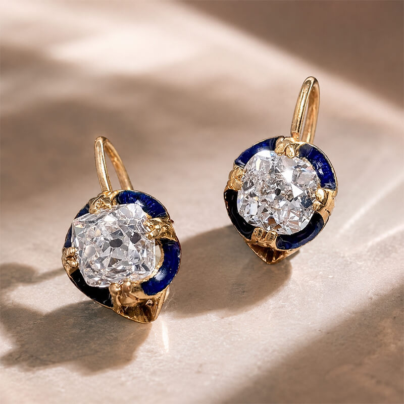 Art Deco White Sapphire Cushion Cut Yellow Gold Drop Earrings For Women
