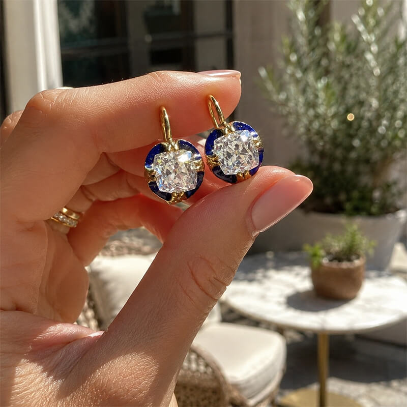 Art Deco White Sapphire Cushion Cut Yellow Gold Drop Earrings For Women