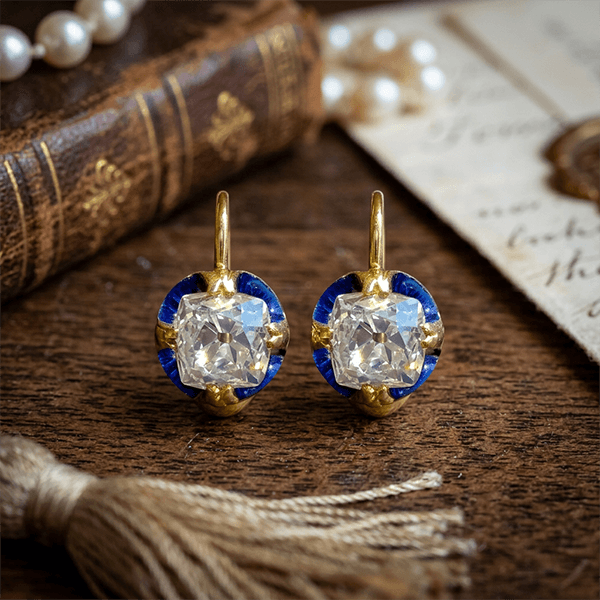 Art Deco White Sapphire Cushion Cut Yellow Gold Drop Earrings For Women