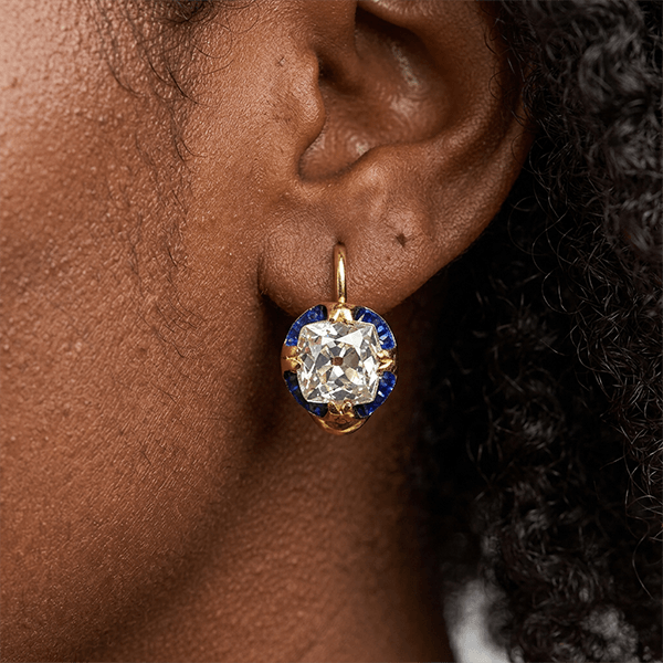 Art Deco White Sapphire Cushion Cut Yellow Gold Drop Earrings For Women