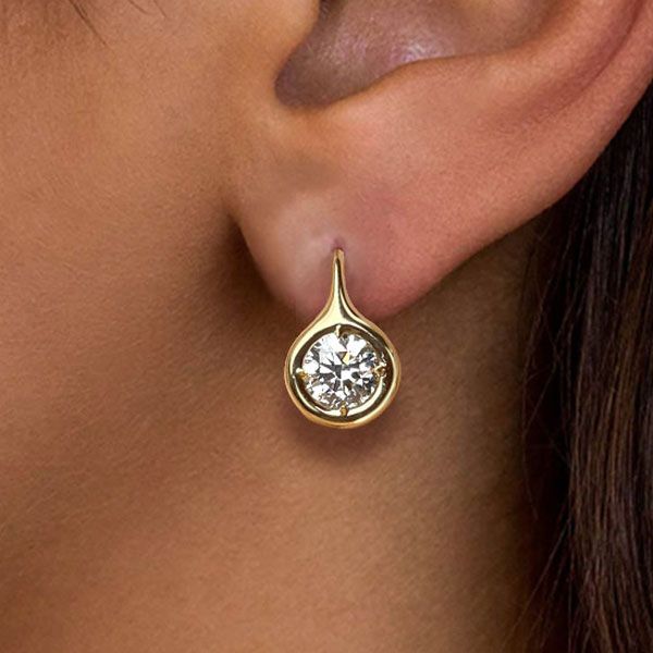 Golden Solitaire Bezel Set Round Cut White Sapphire Drop Earrings For Women Belovegrace