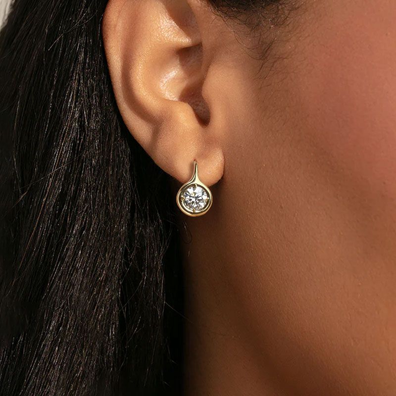 Golden Solitaire Bezel Set Round Cut White Sapphire Drop Earrings For Women Belovegrace