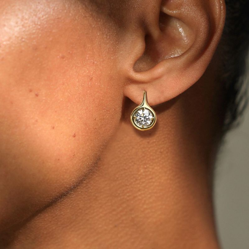 Golden Solitaire Bezel Set Round Cut White Sapphire Drop Earrings For Women Belovegrace